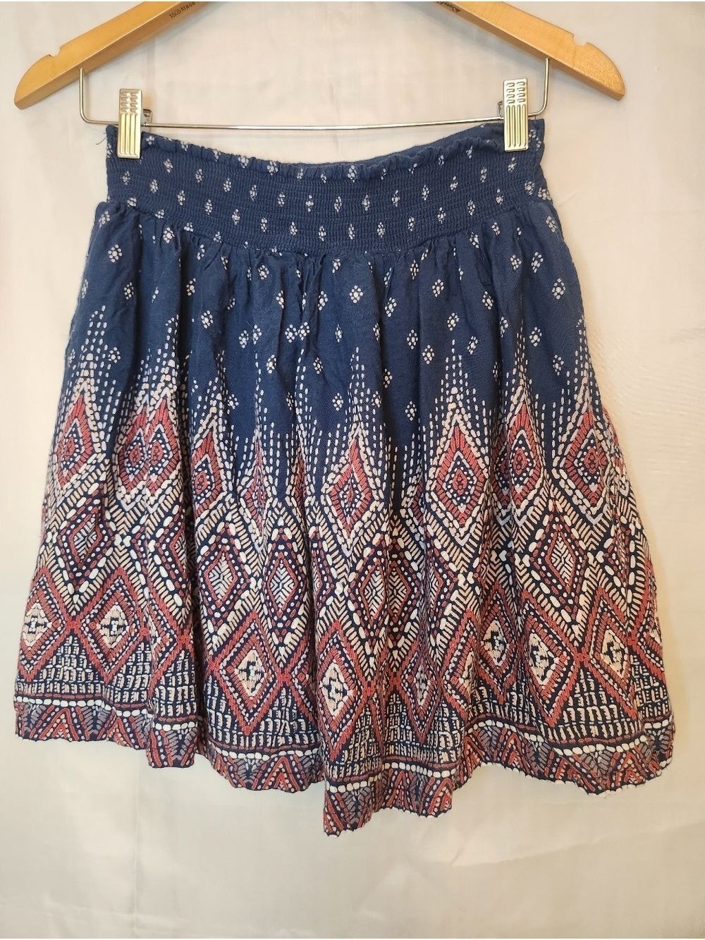 Japna Navy Blue Ikat Print Rayon Skirt, Boho Geometric Mini Skirt, Size M - Picture 4 of 7